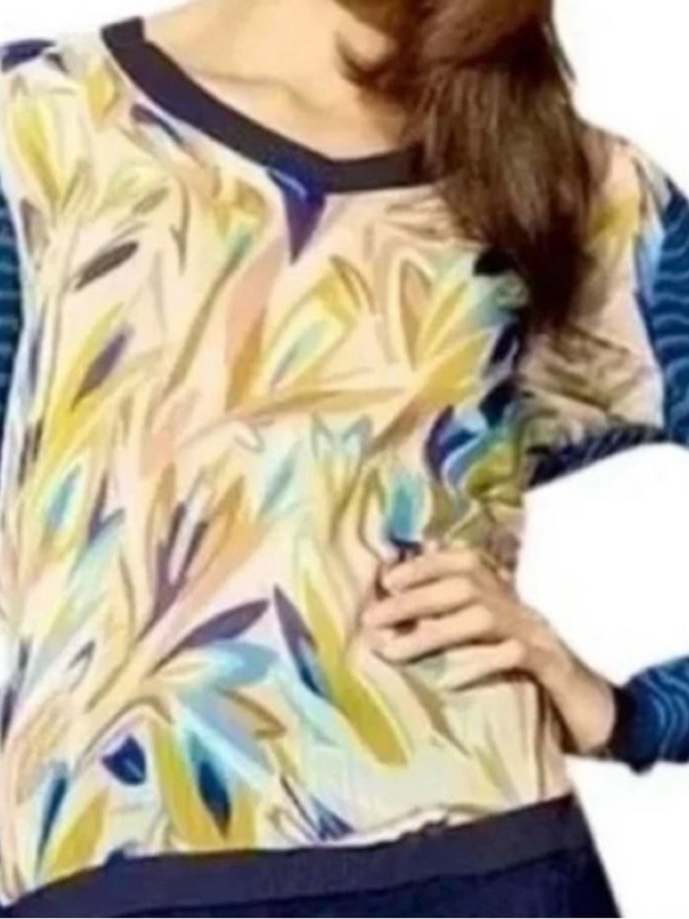 Missoni Multicolor Leaf-Print Long Sleeve Top with Navy Trim